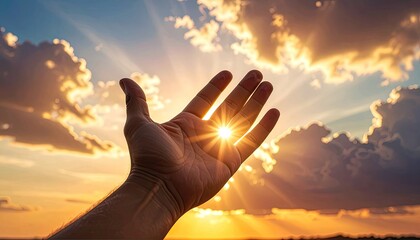 Hand reaching out to capture the bright, sunlit rays breaking through dramatic clouds at sunset.