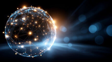 Glowing sphere of interconnected luminous lines and nodes, abstract network structure, digital connectivity visualization, data mesh concept, futuristic communication web on dark b