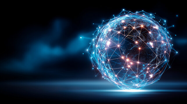 Glowing sphere of interconnected luminous lines and nodes, abstract network structure, digital connectivity visualization, data mesh concept, futuristic communication web on dark b - Powered by Adobe