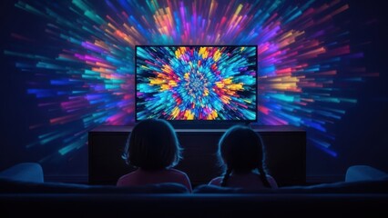 Two children watching a colorful tv show in a dark room with vibrant lights