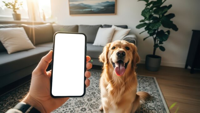 A hand holding a smartphone with a dog sitting on the floor in a living room with a couch and plant