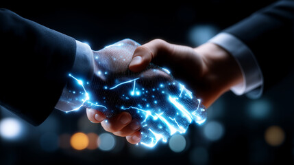 Digital handshake with glowing neon outline, networking and business connection visualization, virtual partnership, technology-enabled collaboration, futuristic agreement concept, 