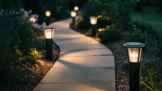Winding garden path bollard lights, dolly-in along a curved stone walkway illuminated by black solar bollard lamps in a lush backyard garden during twilight.