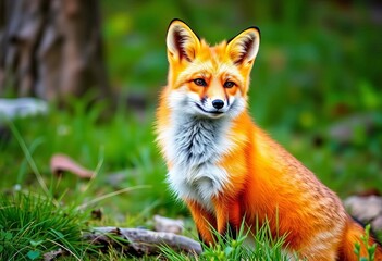Fototapeta premium A charming red fox stands alert in a natural setting, cute, beautiful