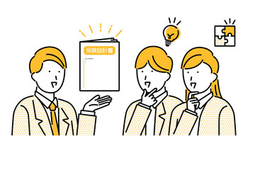 保険の代理店で外交員からの説明を受けて納得をする若い夫婦のイラスト