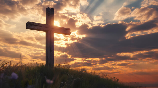 Cross on a hill at sunset with clouds and sun rays