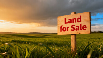 Land for sale sign in rural green field at sunset with cloudy sky and distant rolling hills