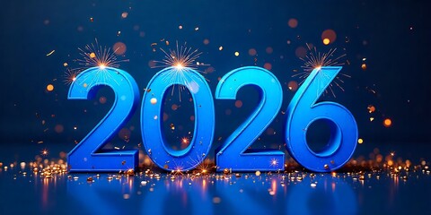 Happy New Year 2026 greeting, bold blue typography with confetti and simple fireworks accents