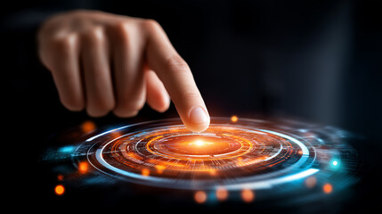 Faceless finger touching circular digital interface with glowing pattern, interactive technology concept, futuristic touchscreen, holographic display, user interface visualization,