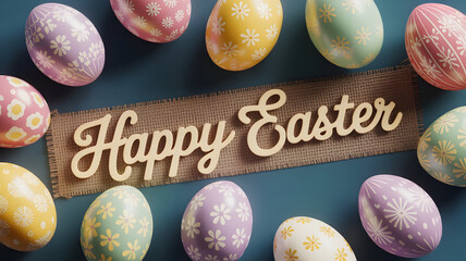 Easter eggs surrounding happy easter sign