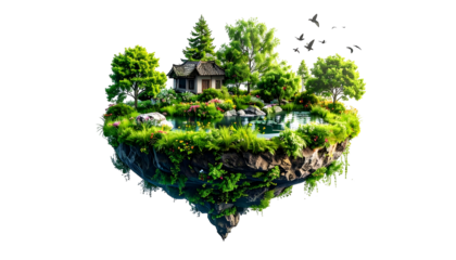 A picturesque, floating island paradise with lush greenery, a serene pond, a cozy cottage, and vibrant flowers, creating a whimsical escape