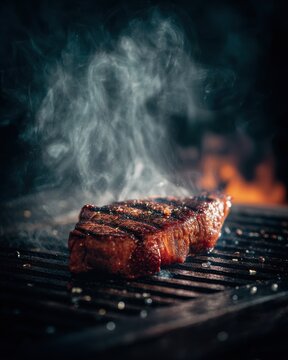 Thick-cut wagyu steak sizzling on cast iron grill with smoke for premium culinary branding, gourmet food content, luxury dining visual storytelling

