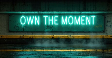 Naklejka premium Neon sign displays motivational phrase. Dark background emphasizes bright text, creating dramatic effect. Concrete textures visible.