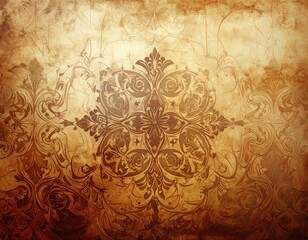 A richly textured, aged background featuring intricate brown and gold damask patterns.