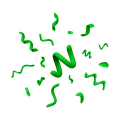 3d Green curly confetti ribbons falling. Illustration of party decoration or celebration element for festive design background, Happy New Year or Carnival. Vector illustration