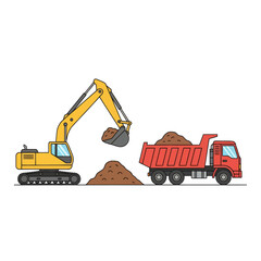 Construction Excavator Loading Soil into a Dump Truck for Earthmoving Projects