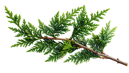 A close-up illustration of a coniferous branch with vibrant green foliage and a brown, textured stem against black