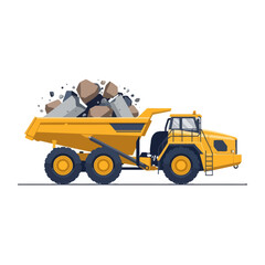 Heavy-duty mining dump truck transporting large rocks and debris on construction site