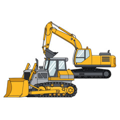 Industrial construction heavy machinery excavator and bulldozer vehicles in operation on