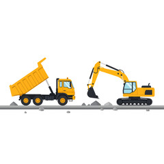 Construction machinery in action with dump truck and excavator on site illustrating earthmoving