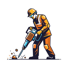 Illustration of a construction worker wearing safety gear operating a jackhammer in a workplace