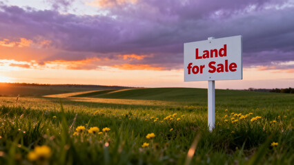 Land for sale sign in rural green field at sunset with cloudy sky and distant rolling hills