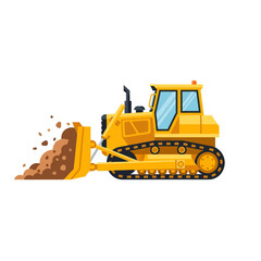 Illustration of a yellow bulldozer actively moving earth in a construction site scene
