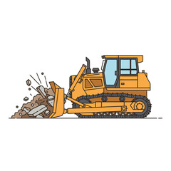 Illustration of a bulldozer moving rocks with detailed mechanical design and earth displacement