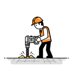 Cartoon Construction Worker Using Jackhammer on Construction Site with Safety Gear and Lively