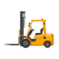 Modern yellow forklift truck with lift mast and operator seat in industrial warehouse setting