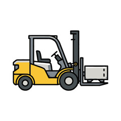 Illustration of a yellow forklift machine used for lifting and transporting heavy loads in