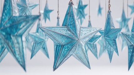 Group of Turquoise Star Ornaments Suspended Against a Bright White Backdrop with Soft Lighting Creating a Festive and Dreamlike Holiday Atmosphere