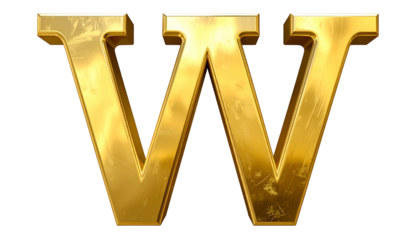 A close-up, shiny, golden capital letter 'W' isolated on a black background, with subtle imperfections on the surface