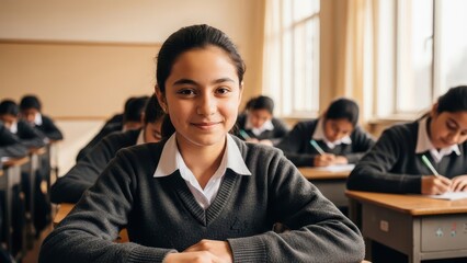 Young girl sitting at desk in classroom with other students in background looking focused and studious