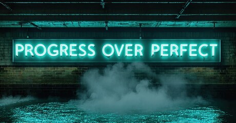 Naklejka premium Neon sign displays motivational phrase. Dark brick wall, steam rising from ground. Dramatic lighting creates moody atmosphere.