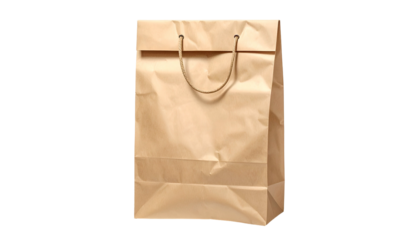 A close-up shot of a brown paper bag with a handle. The bag is empty, upright, and made of wrinkled paper