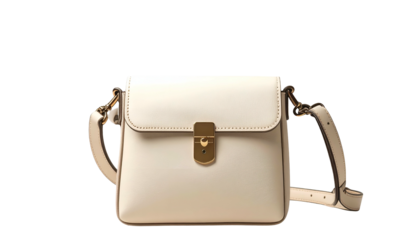 A cream-colored, square handbag features a flap closure and gold-toned hardware. A long, adjustable strap is also visible, suitable for cross-body wear