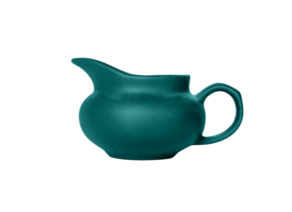Ceramic pitcher with a rounded body, side handle, and short spout isolated on white background. The
