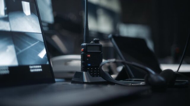 Closeup of walkie talkie and headset placed beside computer displaying SSTV camera feed at surveillance desk in dark control room during night shift operation
