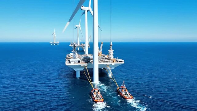 A large offshore structure secured with yellow ropes over dark blue ocean waters