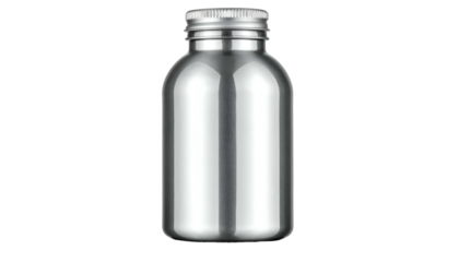 A cylindrical, silver-colored bottle with a metallic cap, presented against a stark black background. It appears shiny with a clean design