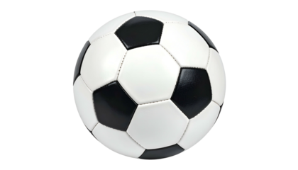 A close-up shot of a classic soccer ball, featuring a pattern of black and white pentagons and hexagons. The ball appears whole and perfect