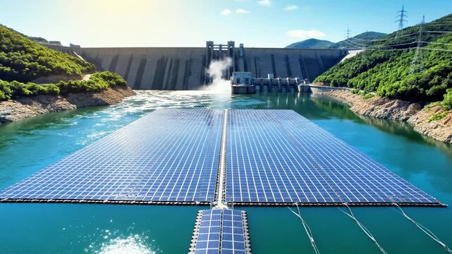 A serene landscape featuring a large body of water covered with numerous solar panels, situated in front of a massive dam, surrounded by lush greenery and under a clear blue sky