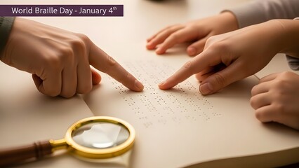 Hands pointing at braille, magnifying glass and children's hands. World Braille Day