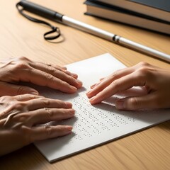 Hands interacting with Braille on a textured sheet. A cane and books are nearby, suggesting learning and accessibility