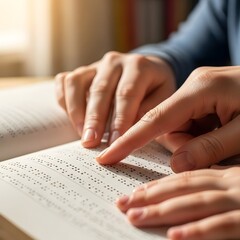 Hands of a person using Braille language to read book