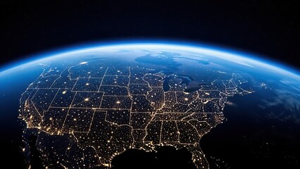 Globe showing illuminated united states at night from space with blue atmosphere