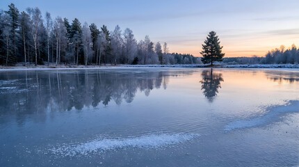 Fototapeta premium Winter lake reflecting a lone pine tree surrounding a frosty forest at sunrise, quiet cold nature scene