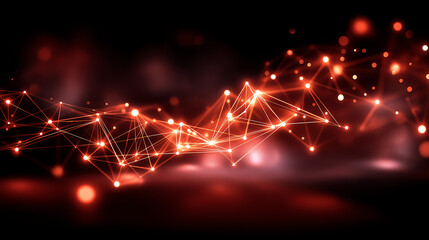 Abstract glowing network connecting dots in red tones for technology visualization, interconnected nodes, warm cyber aesthetic, data mesh pattern, digital infrastructure, with copy