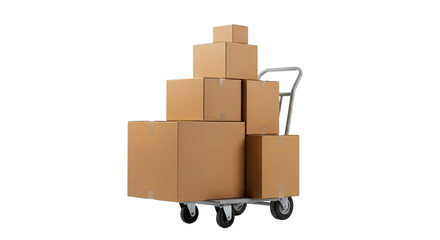 Industrial hand truck with a stack of cardboard boxes for delivery and logistics, isolated on a transparent background